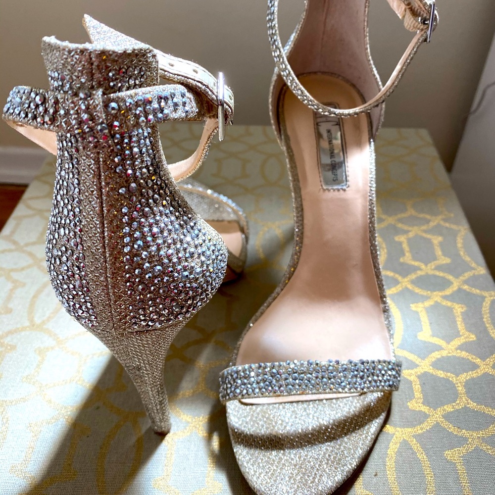 INC Women’s Champagne Rhinestone Sandal.